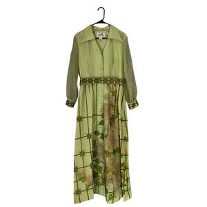 Vintage 1970s Alfred Shaheen Long Sleeve Belted Dress Retro Floral Feminine